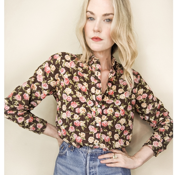 90s Brown Floral Long Sleeve Button Down Blouse - Picture 6 of 14
